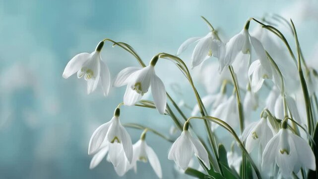 Delicate white snowdrops, fresh, representing spring and hope, against a blurred blue sky