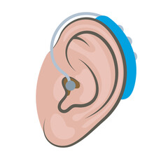 Ear with hearing aid icon in flat style on a white background. Deaf and hear aid concept. Hearing aid device in outline human ear silhouette isolated on white. Design element for medicine, health care
