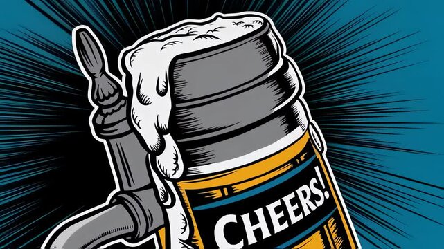 Beer mug illustration with overflowing foam and cheers message on its label. Isolated vector illustration, great for t-shirt print, banner and bar advertisement.