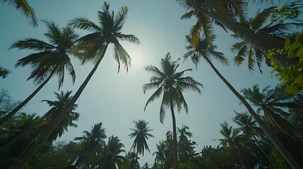 Palm trees reaching for a bright, sunny sky.