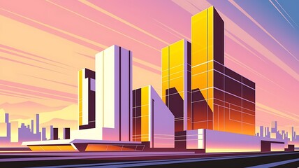 Fototapeta premium Futuristic Digital Art Cityscape Illustration Featuring Geometric White and Fiery Orange Skyscrapers Under a Sunset Sky of Soft Pastel Pinks and Yellows with Reflective Glass, Dynamic Shadows, and a H