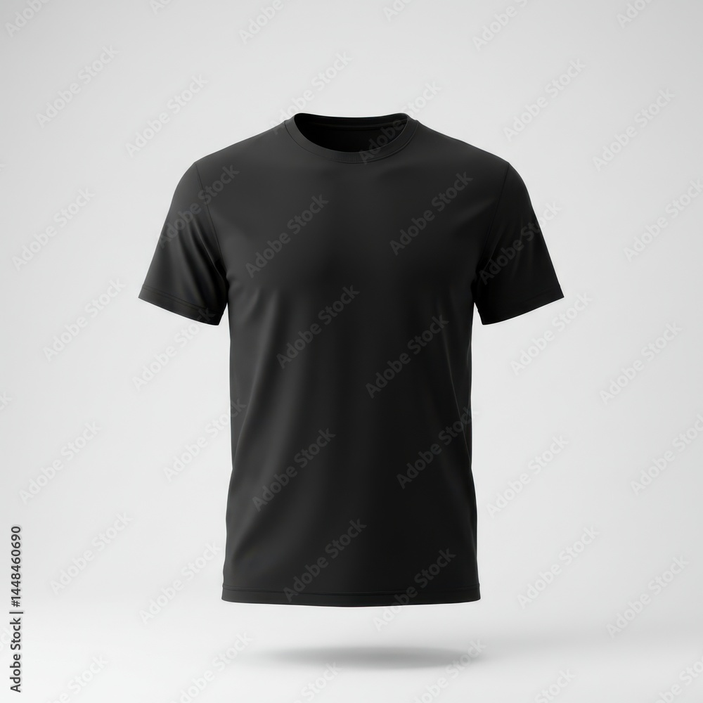 Aufkleber a black t shirt floating in a studio setting with a neutral gray background and soft shadow below it