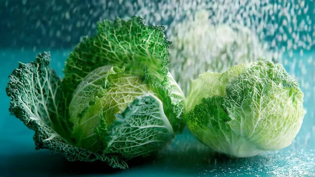 Fresh vibrant green savoy cabbage heads under a gentle shower of water, highlighting texture and healthy appeal on teal background.