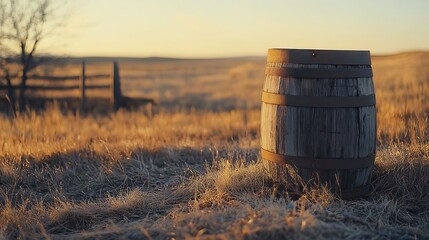 Obraz premium Wooden barrel situated in a golden prairie landscape.