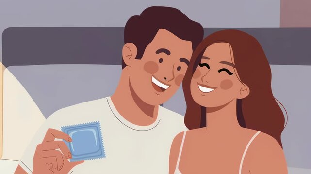 Woman and man smiling, man showing blue condom. Happy couple in bed. Safe sex concept for health, sexually transmitted prevention for banner and advertising