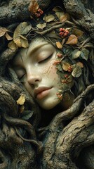 Enchanted forest spirit: harmonious fusion of nature and human face with leaves and berries
