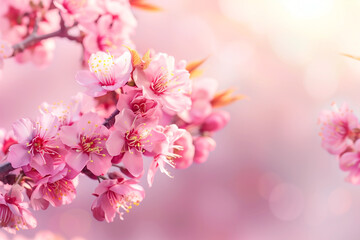 Naklejka premium sakura flowers of pink color on sun, selective focus
