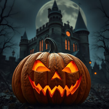 Carled terrible pumpkin against the background of an old gloomy night castle
