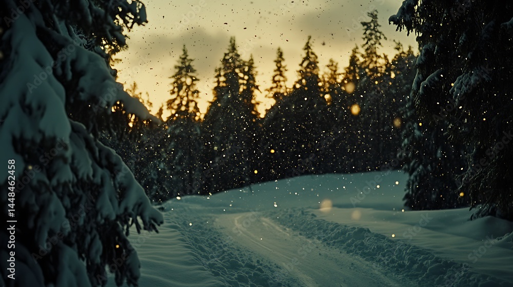 Poster snowy forest path at twilight, dusted with falling snow.