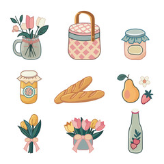 Spring Picnic Clipart Set – Hand Drawn Vector Illustrations with Flowers, Food & Accessories