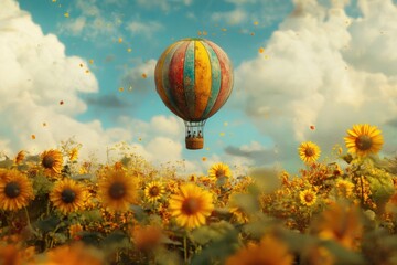 Fototapeta premium Colorful hot air balloon soaring above a vibrant sunflower field under a bright blue sky and fluffy clouds