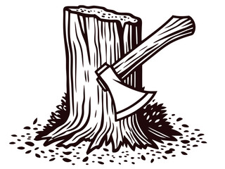 Fototapeta premium Axe embedded in tree stump with chopped wood and sawdust surrounding.