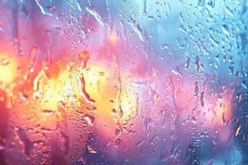 Vibrant lightning and raindrops on a window with blurred city lights background