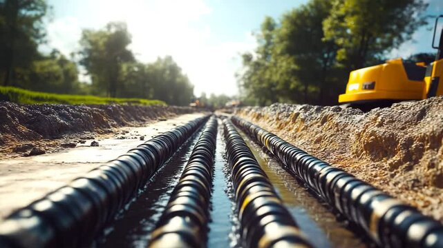 City street trench with laid communication cables