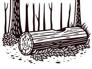 Forest scene with fallen tree trunk amidst leafy undergrowth and tall trees in monochrome art.