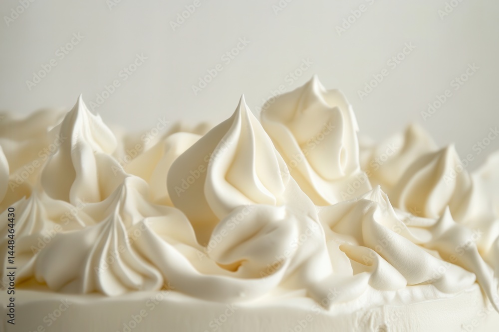 Poster close-up of a creamy frosted cake, showcasing swirls of smooth white icing with elegant peaks on a s
