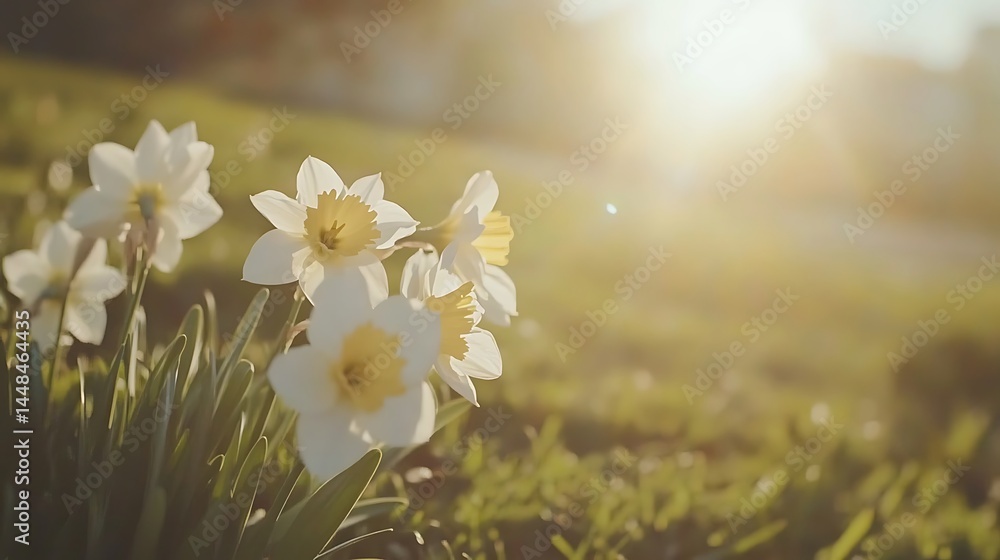 Poster soft-focus springtime daffodils in a sunlit field.