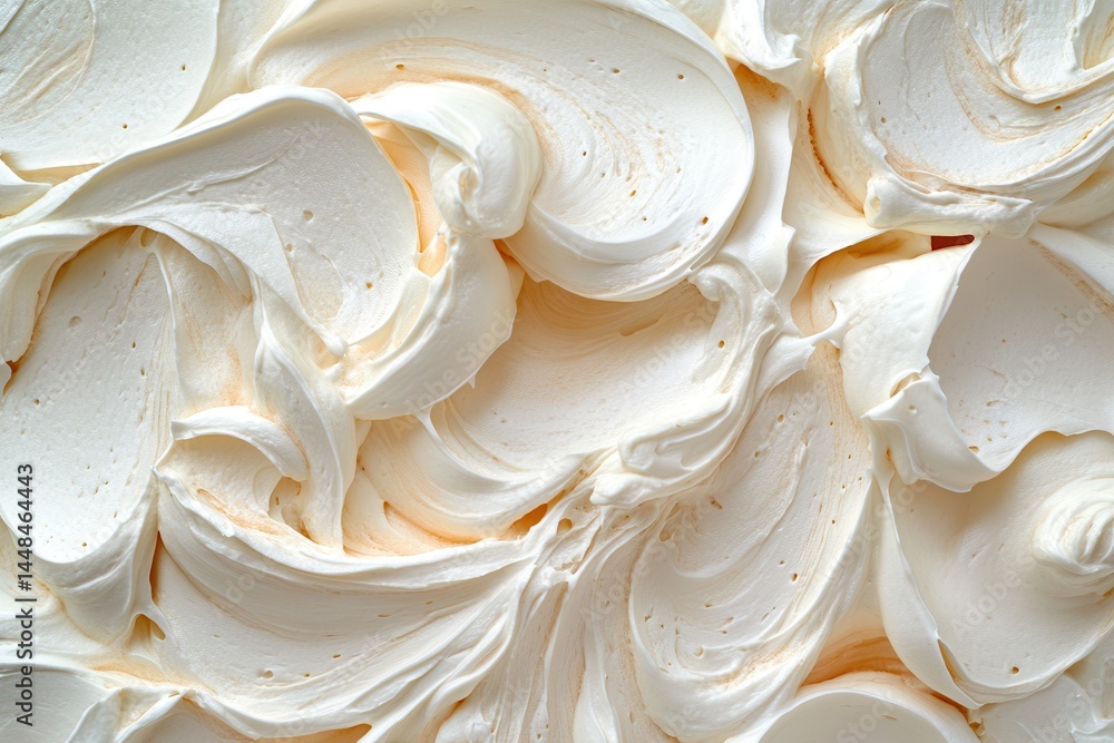 Poster close-up of smooth, swirling creamy white frosting texture, forming abstract patterns. delicate shad
