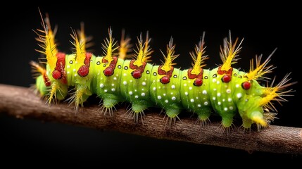 Naklejka premium Exotic Caterpillar on Twig: Vibrant Nature Detail