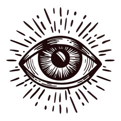 Hand drawn eye with radiating lines in black and white design.