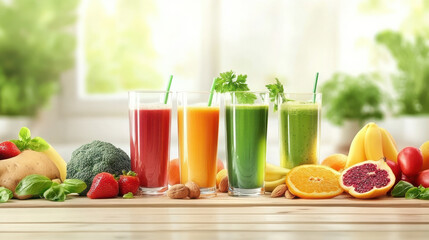 Fototapeta premium of fresh fruits and vegetables on wooden table vibrant smoothies and vitamin salads organic products in kitchen.