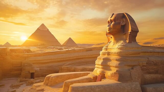 Majestic Sphinx and pyramids at sunset in Egypt