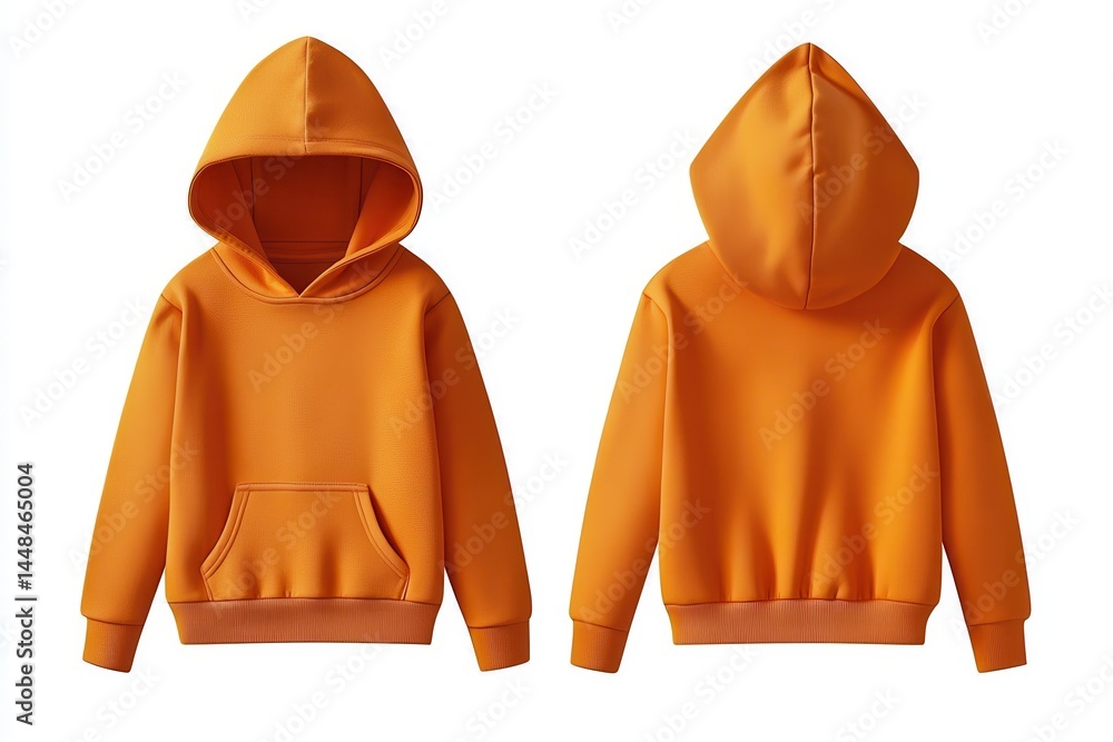 Poster an orange hooded sweatshirt is displayed with a pocket in front and a hood on the front and the back