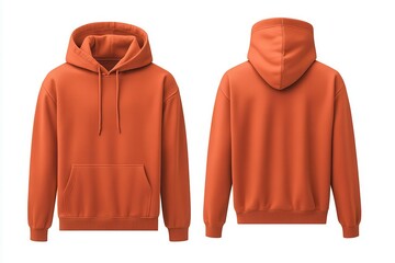 An eye-level view of a plain orange hoodie, ideal for showcasing clothing designs, casual wear, or apparel in an online store.