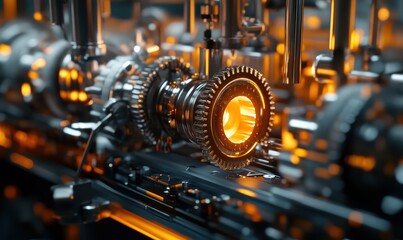 Obraz premium Intricate Machinery: A Close-Up of Glowing Gears and Polished Metal