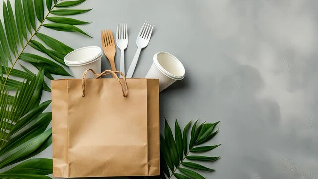 Brown paper bag with compostable containers and utensils showcases sustainable dining choices in an organized display
