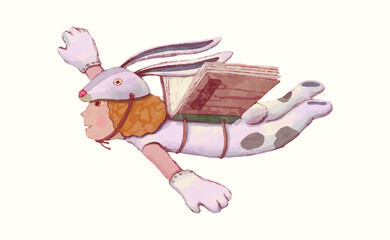 A girl rabbit flying with a book wing. kid education illustration. watercolor vector. child art. animal.
