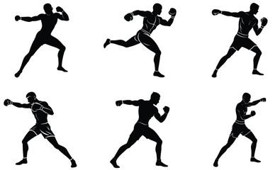 Boxer Action Pose Punching Silhouette Vector Set – Dynamic Fighter, Combat Motion, Athletic Strike