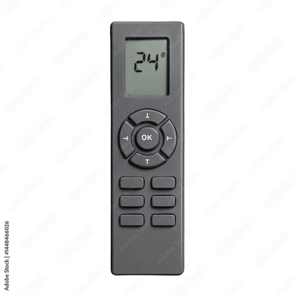 Poster sleek gray handheld device for adjusting settings, featuring a clear digital display and multiple co
