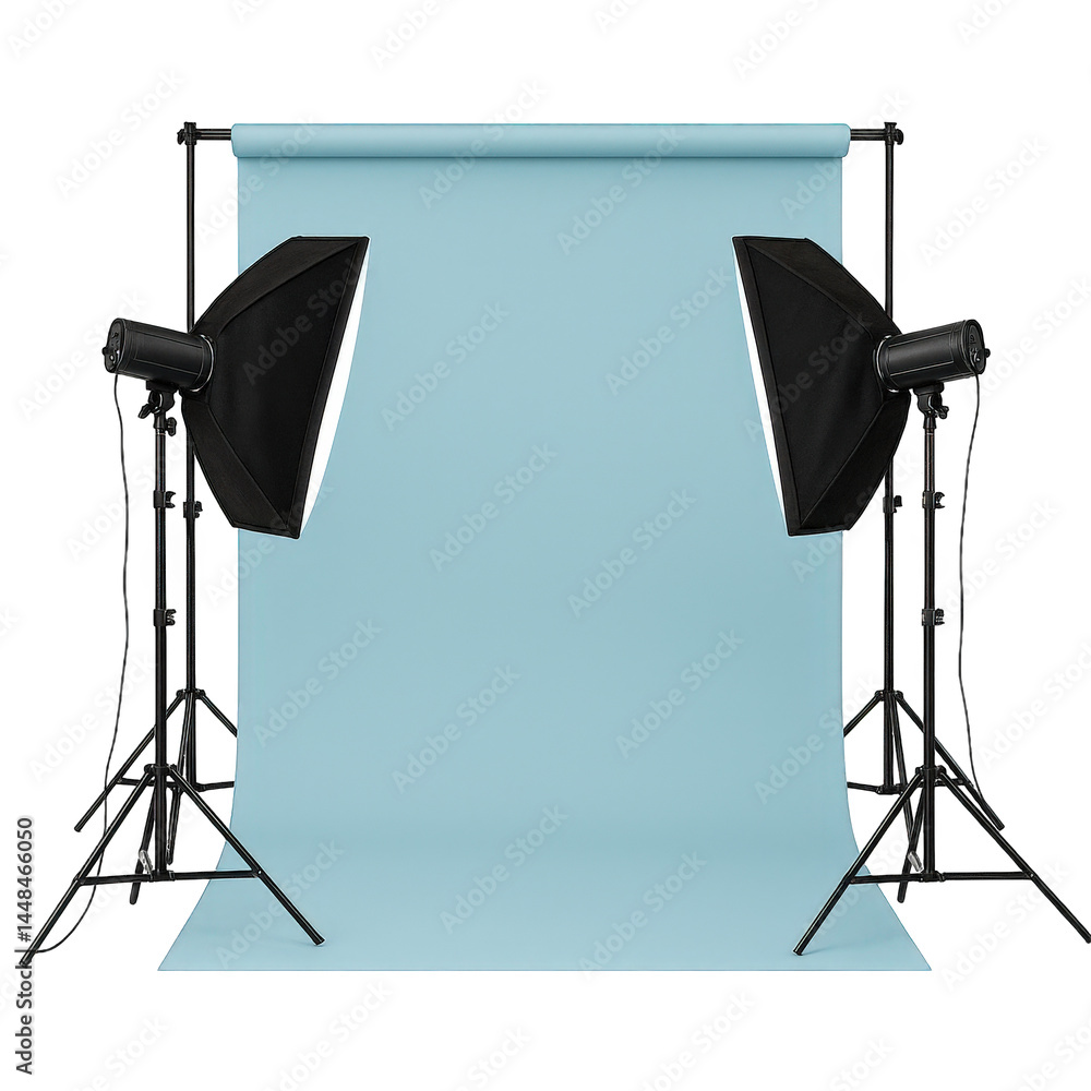 Poster professional studio photography setup including a backdrop system, two light stands, and large diffu