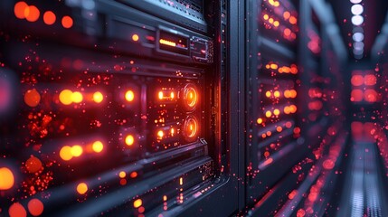 Glowing server rack in a data center.