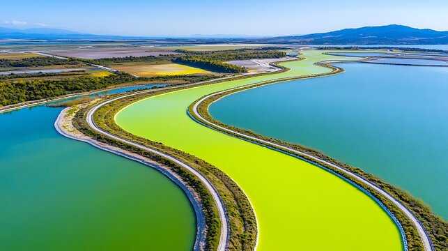 Aerial view of winding waterways with varying hues.