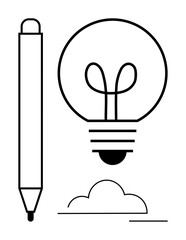 Pen alongside light bulb above cloud, symbolizing brainstorming, innovation, and creative thinking. Ideal for design, education, innovation, strategy ideation creativity solutions. Flat simple
