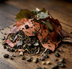 Macro shot of a small pile of tea leaves on a polished wooden surface, showcasing intricate details. Generative AI