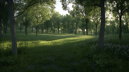 Obraz premium Lush woodland meadow bathed in early morning light.