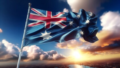 Australian flag waving in the wind under the sunny sky