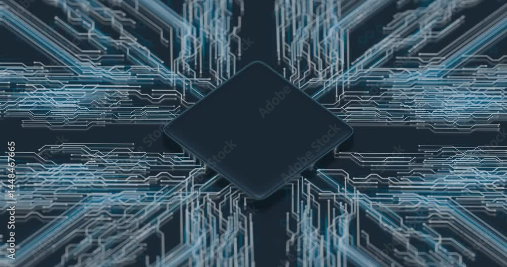Poster intricate blue and white chip circuit patterns on a cpu design, depicting data flow within a digital