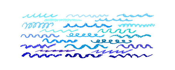 Obraz premium Blue sea. Crayon hand drawn bg, vector wavy line