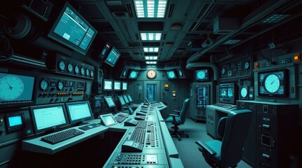 Futuristic Control Room: Teal-Lit Monitors and Technical Panels