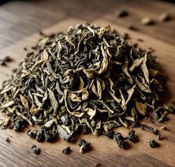 Macro shot of a small pile of tea leaves on a polished wooden surface, showcasing intricate details. Generative AI