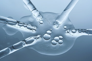 Facial serum and several pipettes on a blue background. The texture.