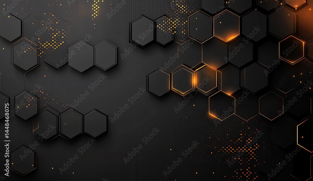 Poster dark futuristic background shows a network of black and gold hexagons connecting across the surface