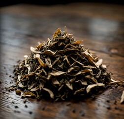 Macro shot of a small pile of tea leaves on a polished wooden surface, showcasing intricate details. Generative AI