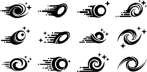 Obraz premium 12 Black Swirling Star Galaxy Vortex Icons Speed Motion Logo Design El