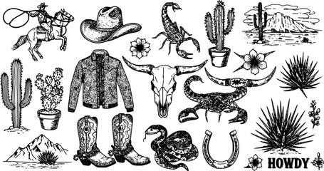 Obraz premium Western Cowboy Clipart Cactus Scorpion Desert Landscape Tattoo Design