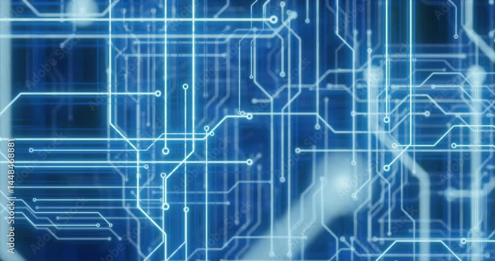 Poster blue, glowing circuit board design, representing a futuristic technological concept with interconnec